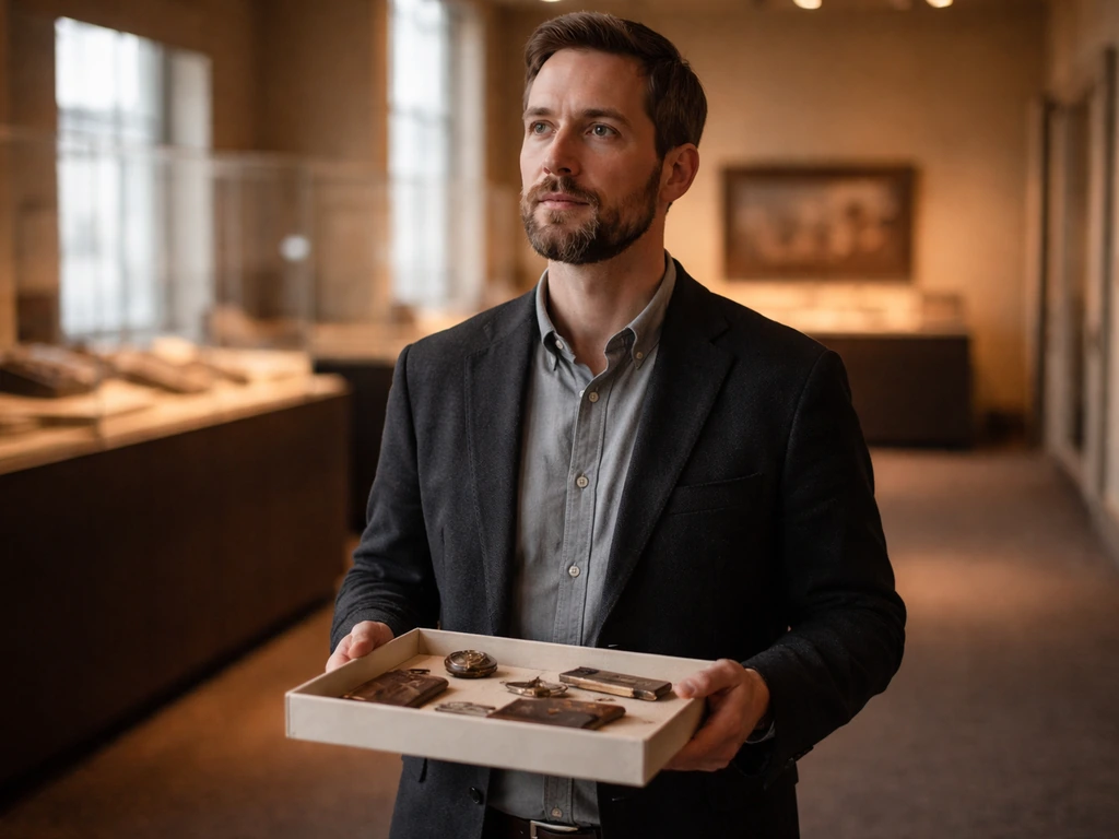 Mark Hall-Patton portrayed as an anonymous museum expert beside historical artifacts in a quiet Nevada-like setting.