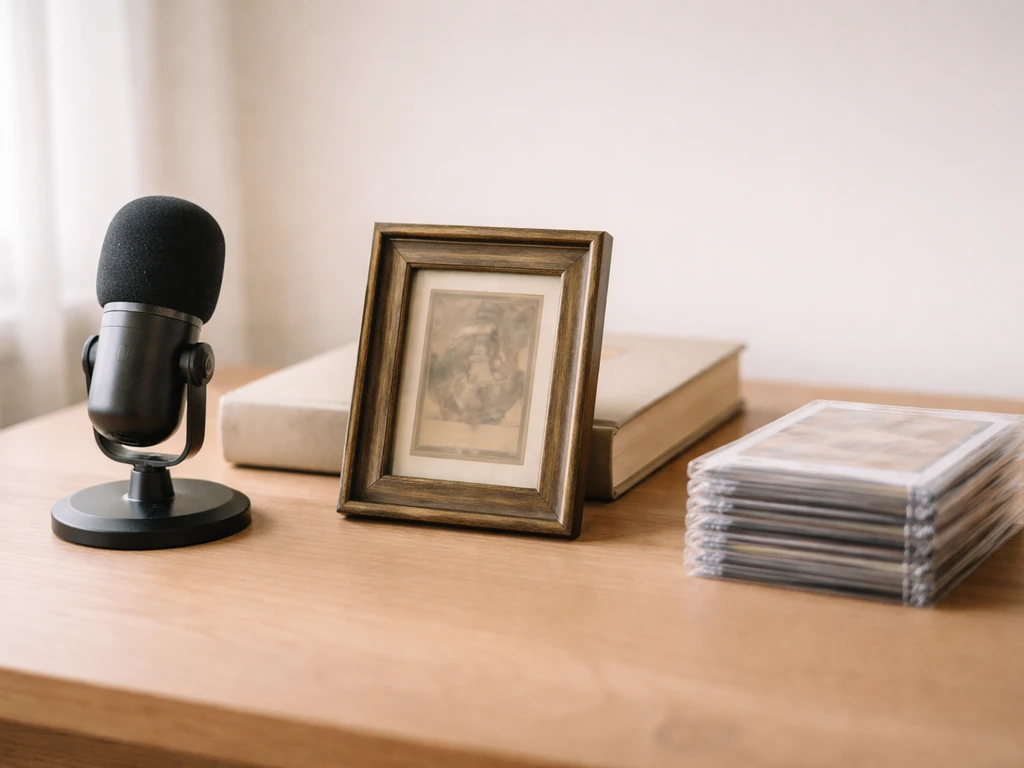 Minimal desk scene with microphone, antique display, and wrapped collectibles symbolizing multiple income streams