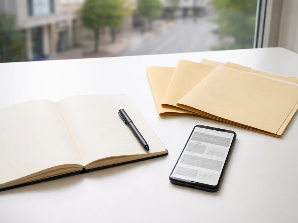 Desk scene with notebook, pen, folders, and phone suggesting a checklist for verifying an estimate.