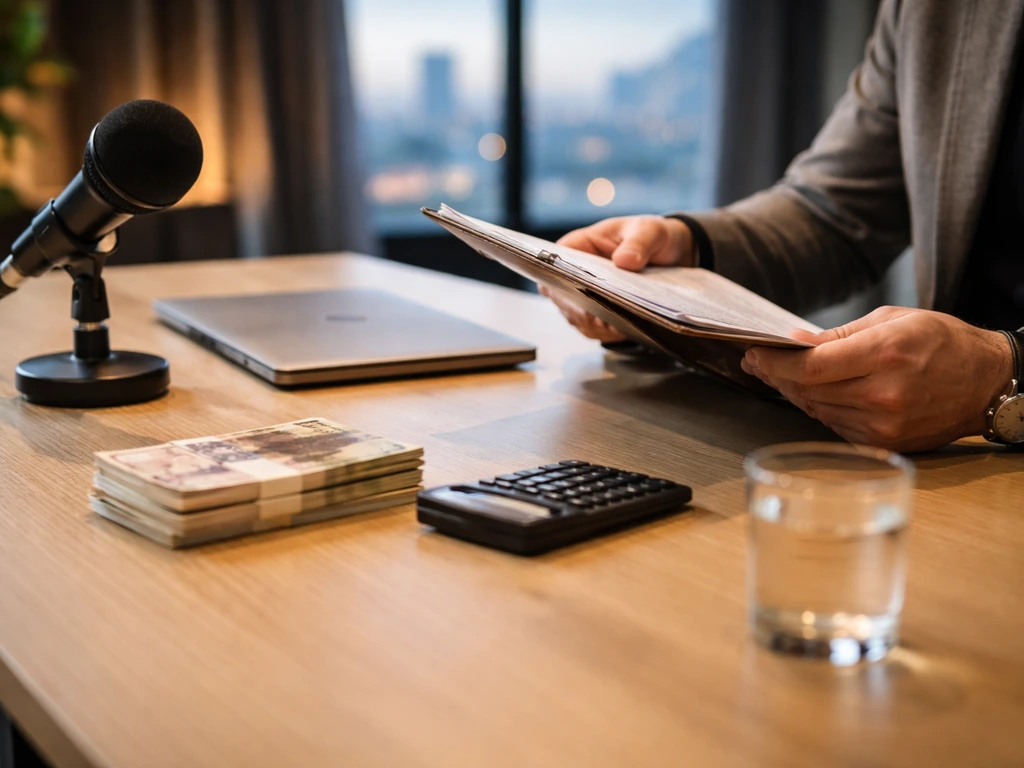 Minimal Dragons’ Den–style desk scene with a microphone and a laptop showing finance-focused objects