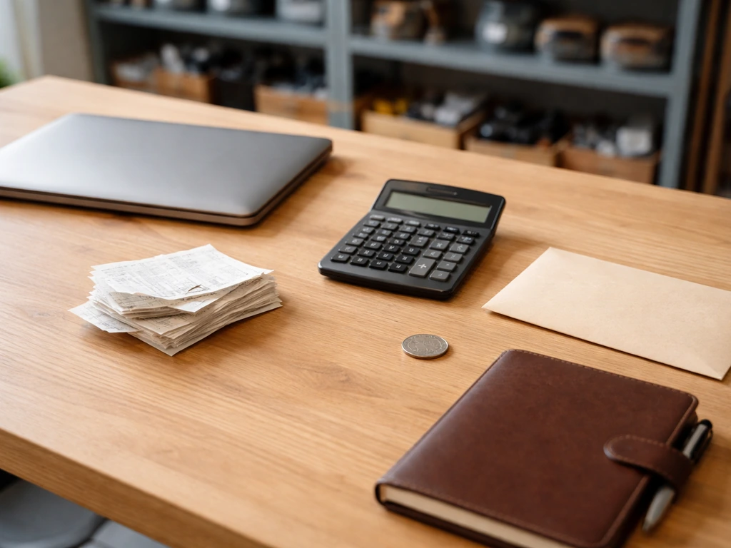 Minimal desk scene with calculator and receipts, symbolizing building a startup net worth estimate