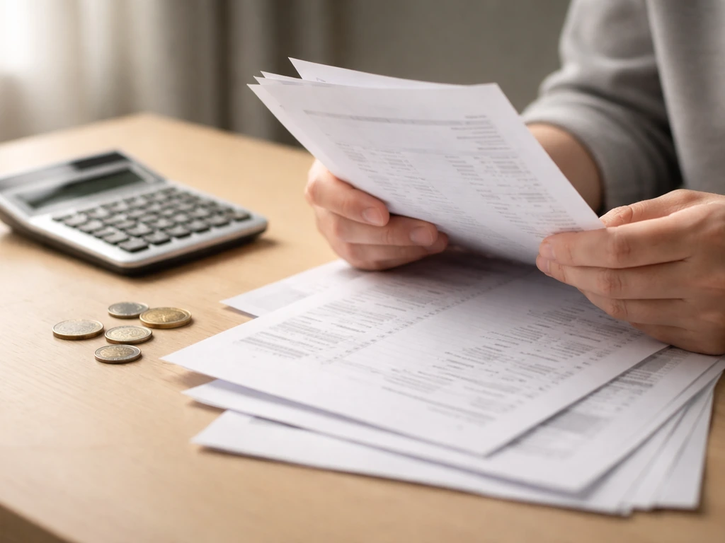 Close-up of a hand holding a document near a calculator and coins, representing revenue and assets from filings