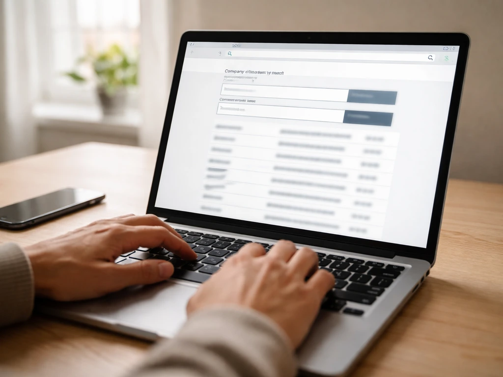 Hands using a laptop to search Companies House for a company record, with blurred results page.