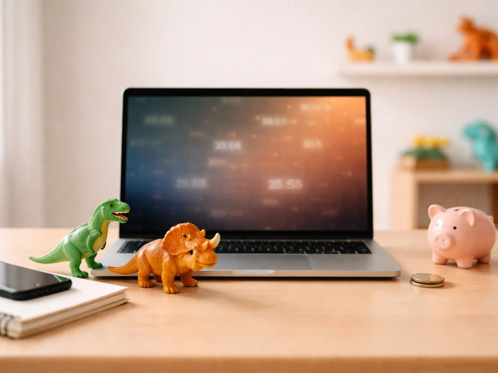 A desk with a laptop showing abstract analytics numbers and small dinosaur figures, suggesting a dinosaur brand net wort