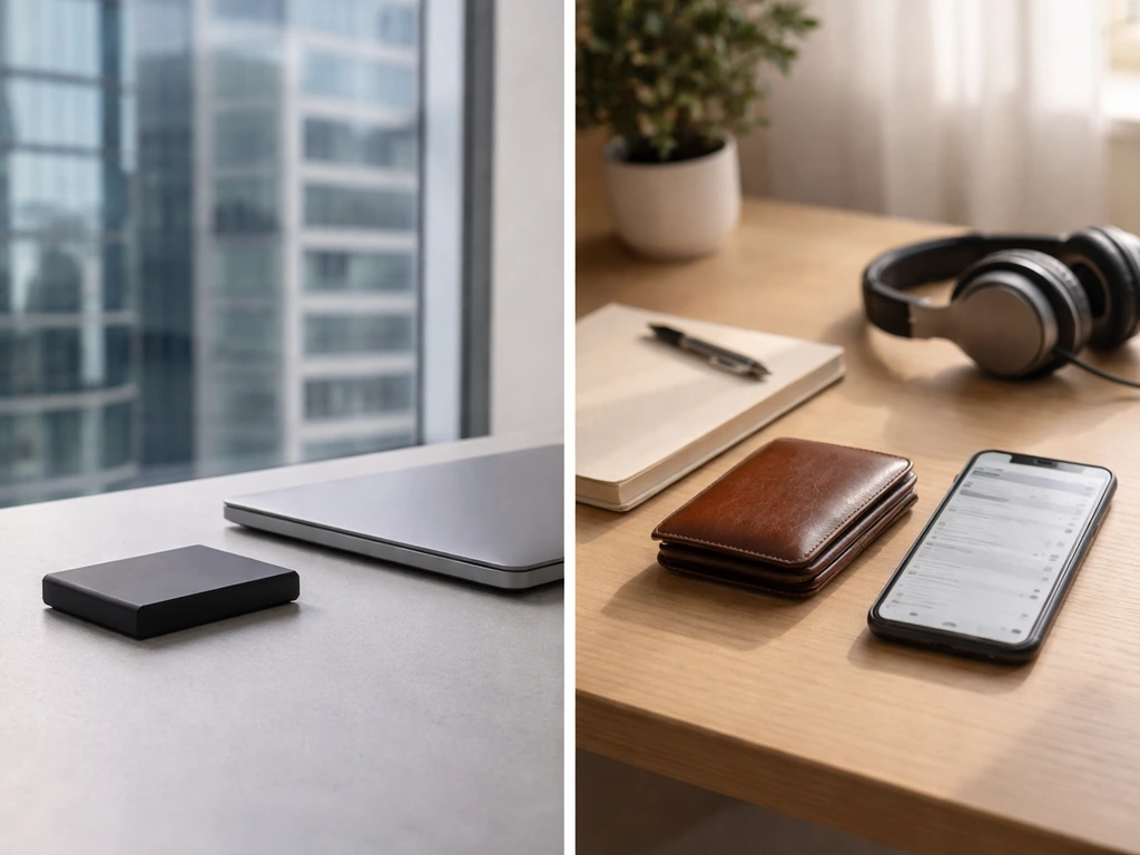 Minimal split scene: corporate office ledger on one side, wallet and smartphone on the other.