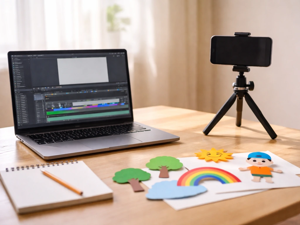 Minimal studio desk showing a laptop editing timeline, tripod phone camera, and simple animation props.