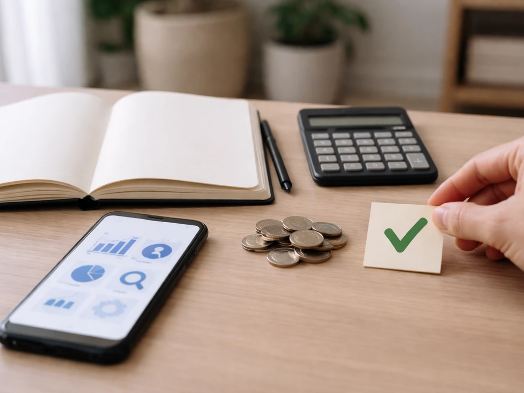 Minimal desk scene with an open notebook, smartphone showing muted analytics-style icons, and a calculator beside coins.