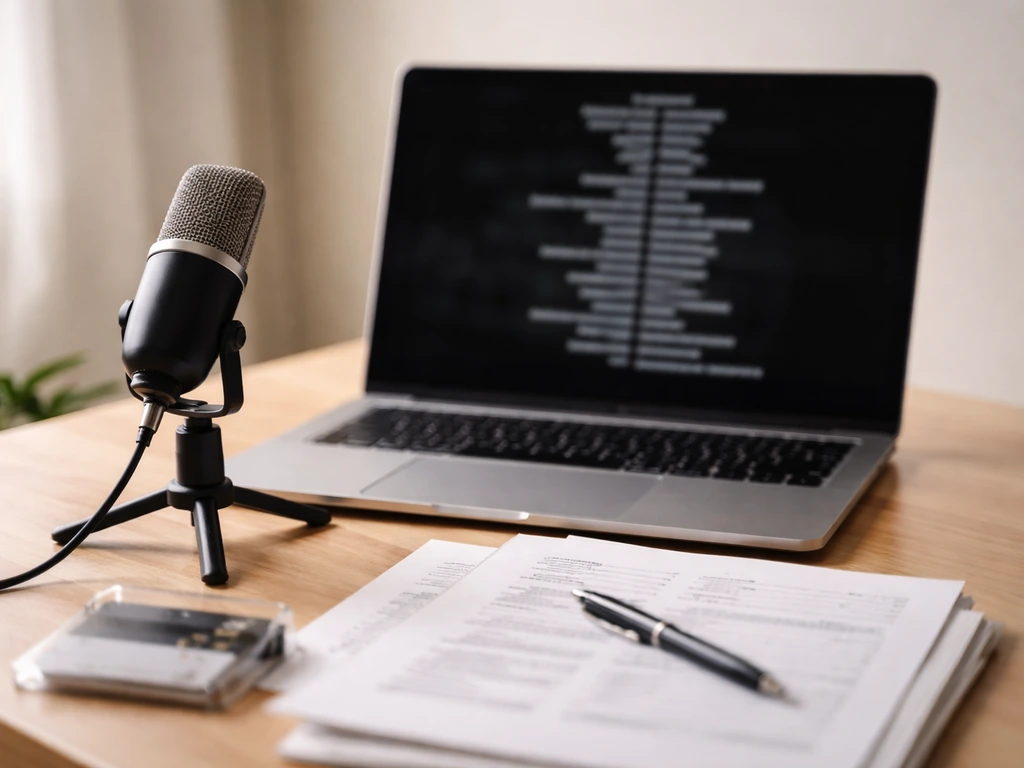 Anonymous desk scene with laptop and microphone, suggesting researching an IMDb credit and net-worth rumors.
