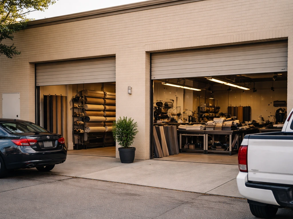Auto upholstery workshop exterior in Dallas, showing a clean storefront and parked vehicles