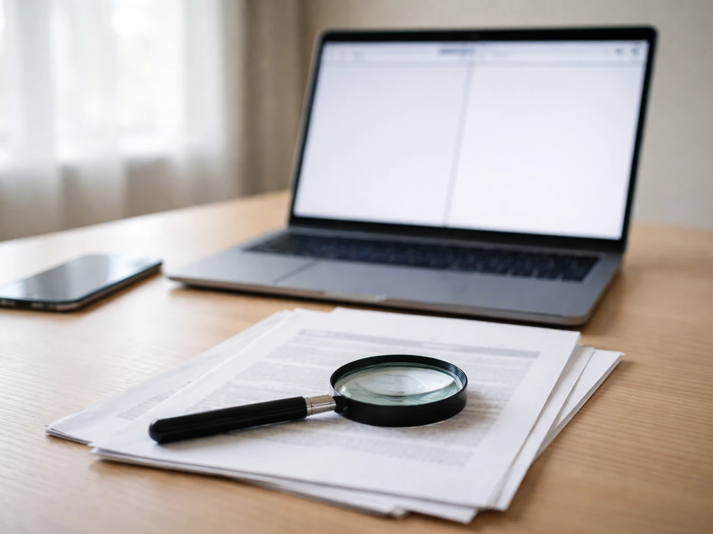 Magnifying glass over paperwork beside laptop and phone on a bright, minimal office desk