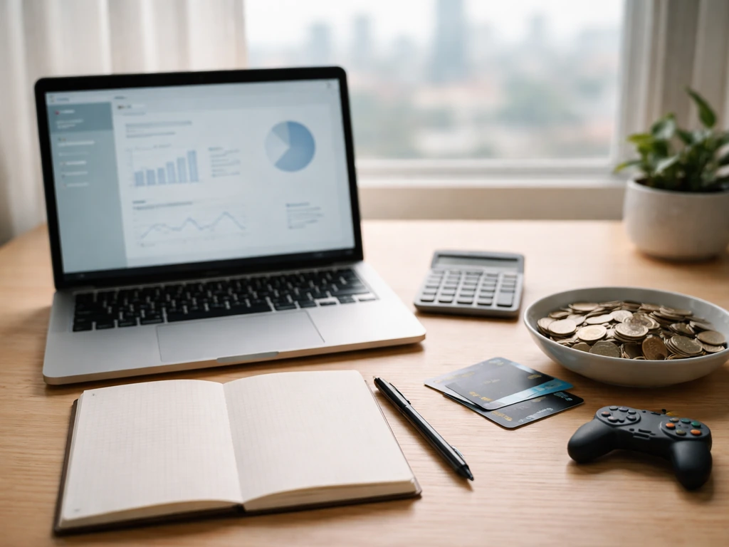 Minimal desk scene with calculator, coins, laptop, and blank notes symbolizing estimating net worth