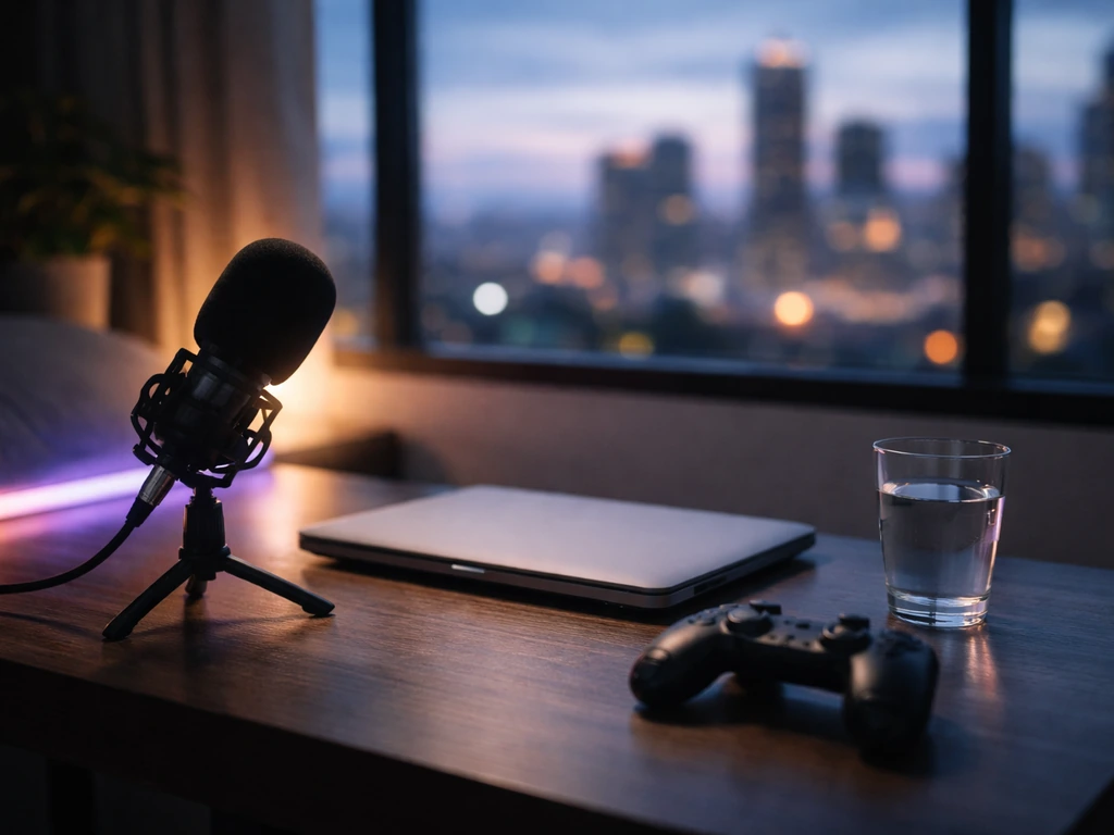 Anonymous gaming streaming desk with a microphone and controller in a dim home studio at dusk.