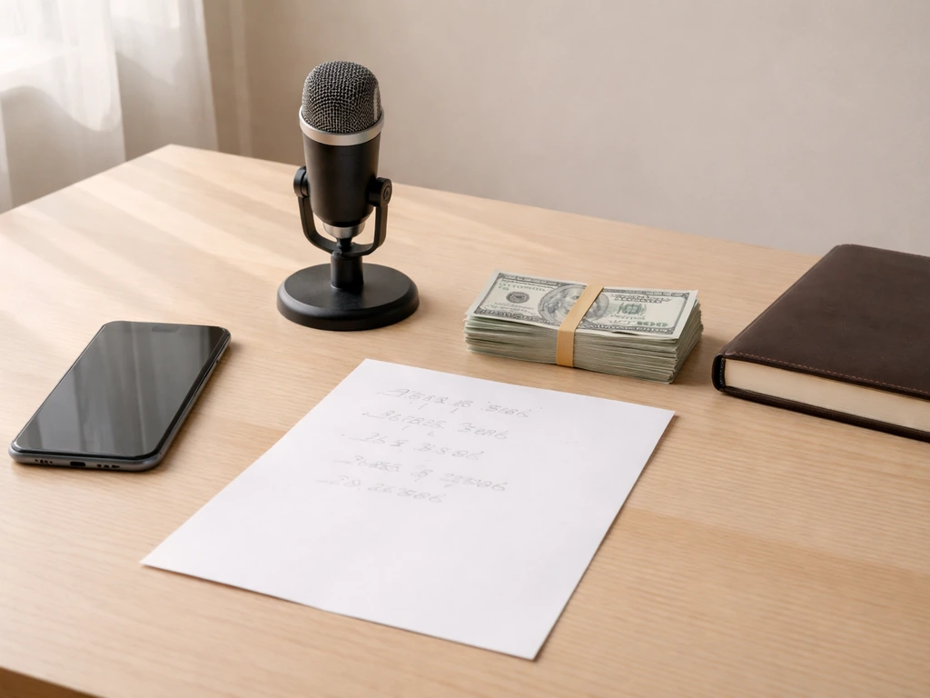 Minimal desk scene with microphone, smartphone, cash, and blank paper suggesting ad revenue to net worth logic.