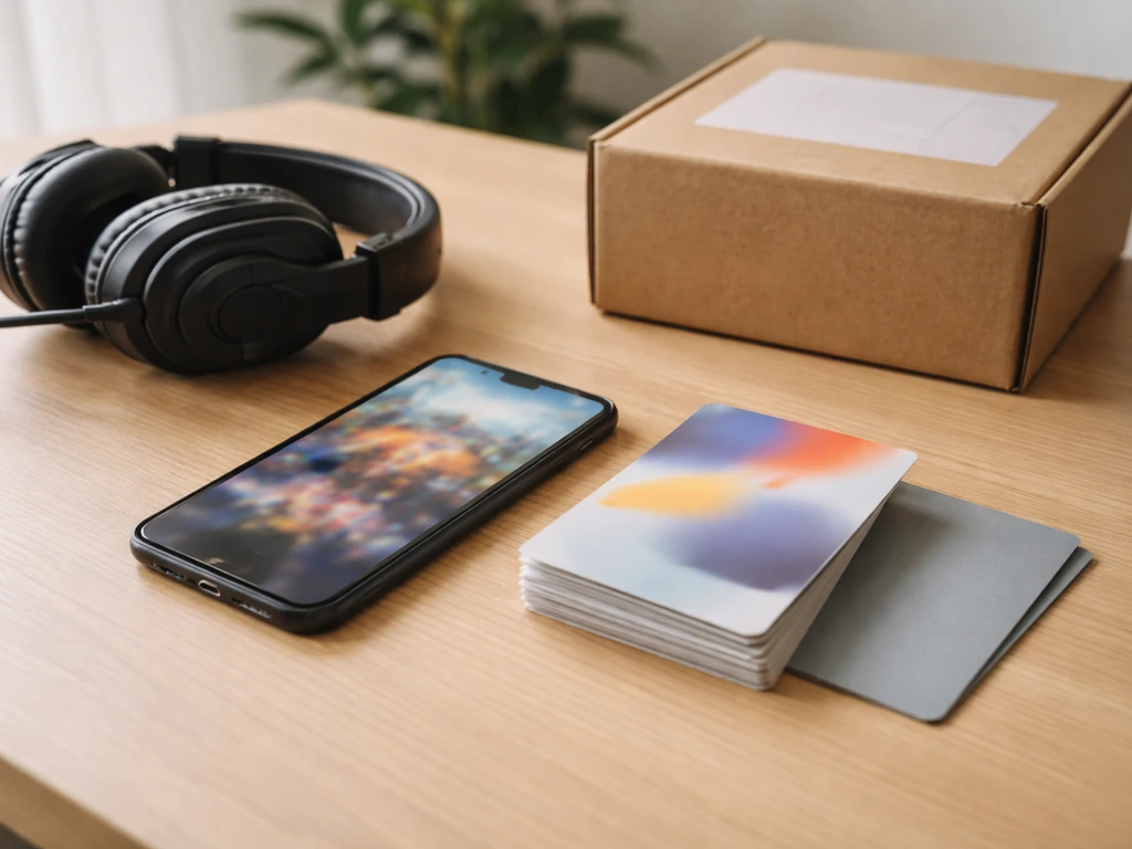 Minimal desk scene with headset, smartphone, and blank promo cards suggesting brand deals and sponsorships.