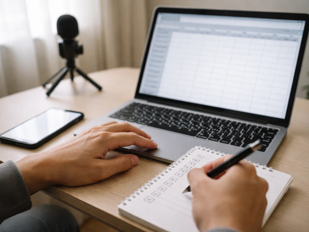 Person using a laptop and phone to verify online creator stats with a simple checklist setup