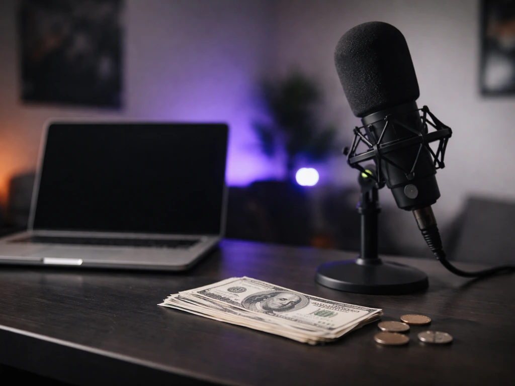 Gaming-style studio desk with a microphone and scattered cash, symbolizing income and asset verification