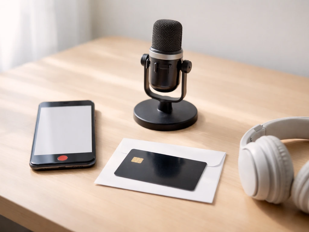 Minimal desk scene with smartphone, microphone, and card/envelope suggesting creator revenue streams