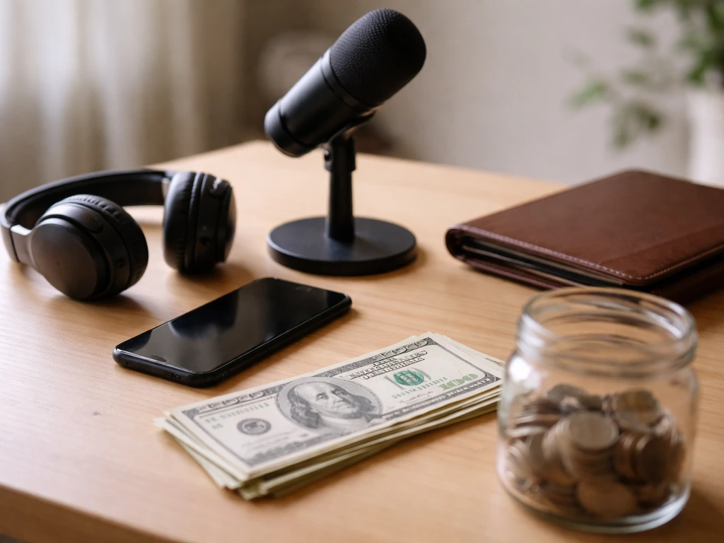 Minimal studio desk scene with microphone, smartphone, and cash/coins symbolizing income range breakdown