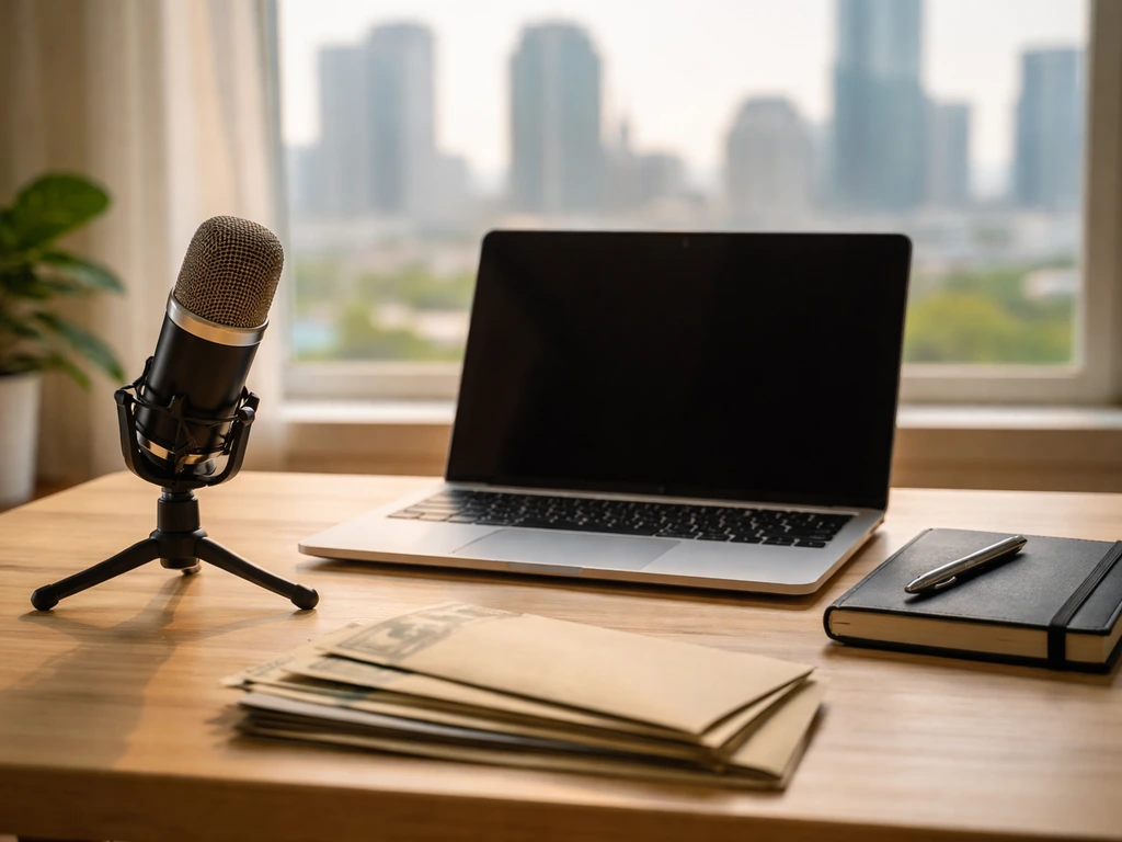 Minimal desk scene with laptop and microphone, symbolic of an online platform owner’s wealth and income.