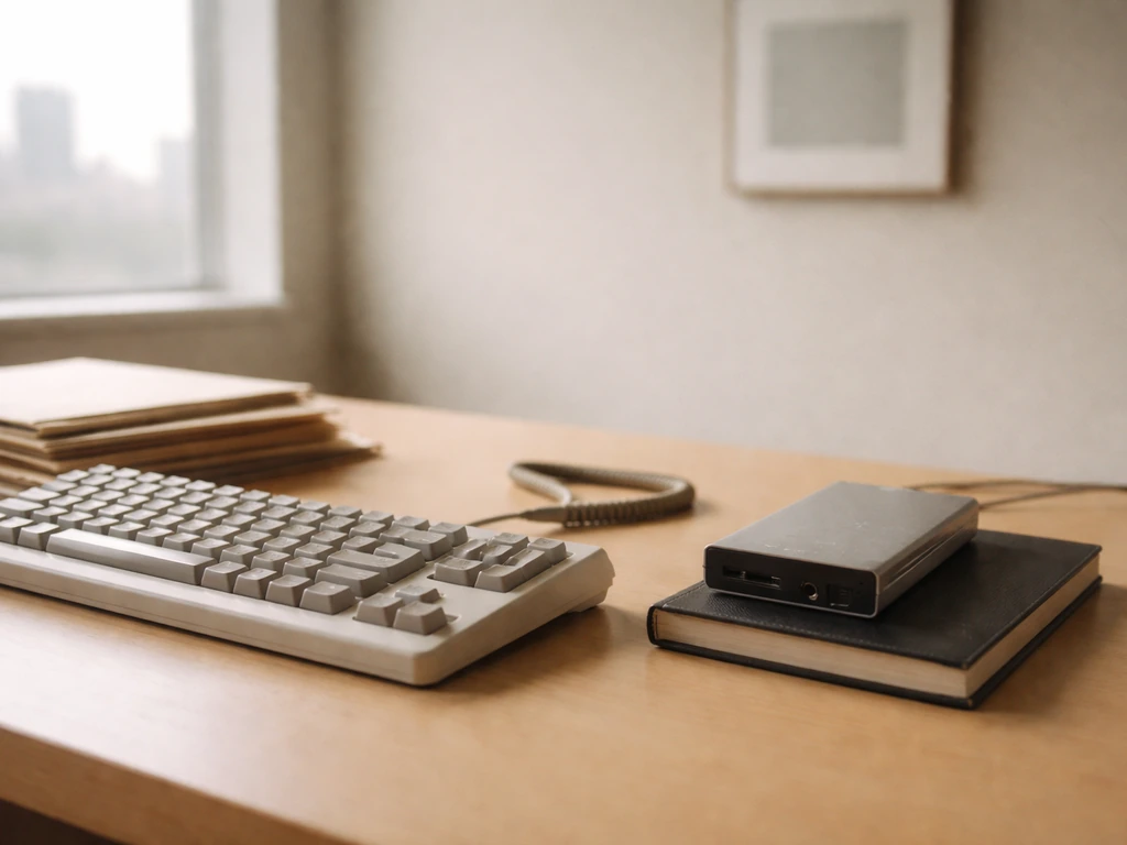 Minimal archival-style photo of a clutter-free desk with a vintage keyboard and old hard drive, hinting at an online fou