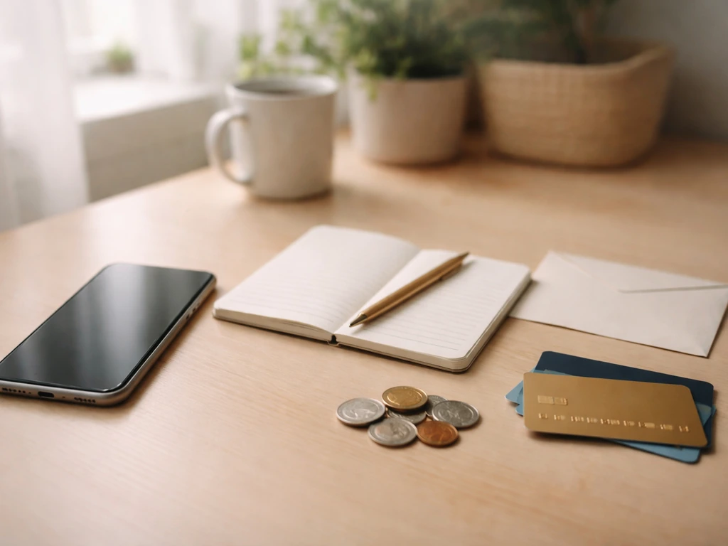 Minimal desk scene with coins and a smartphone suggesting online donations and subscriptions.