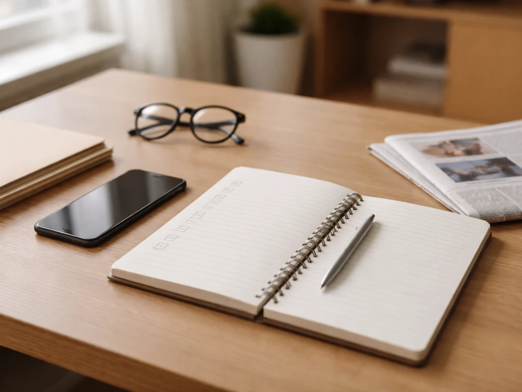 Minimal desk scene with checklist page, notebook, folders, and smartphone for verifying research estimates.