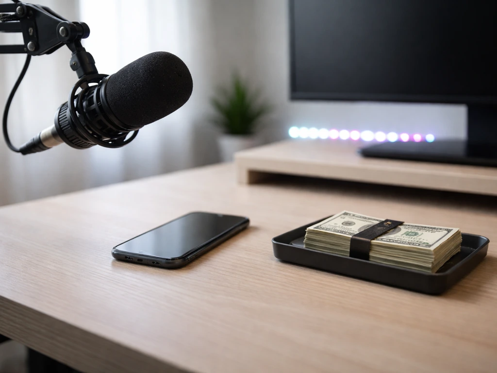A minimalist desk setup with a microphone, smartphone, and cash-like props suggesting YouTube earnings
