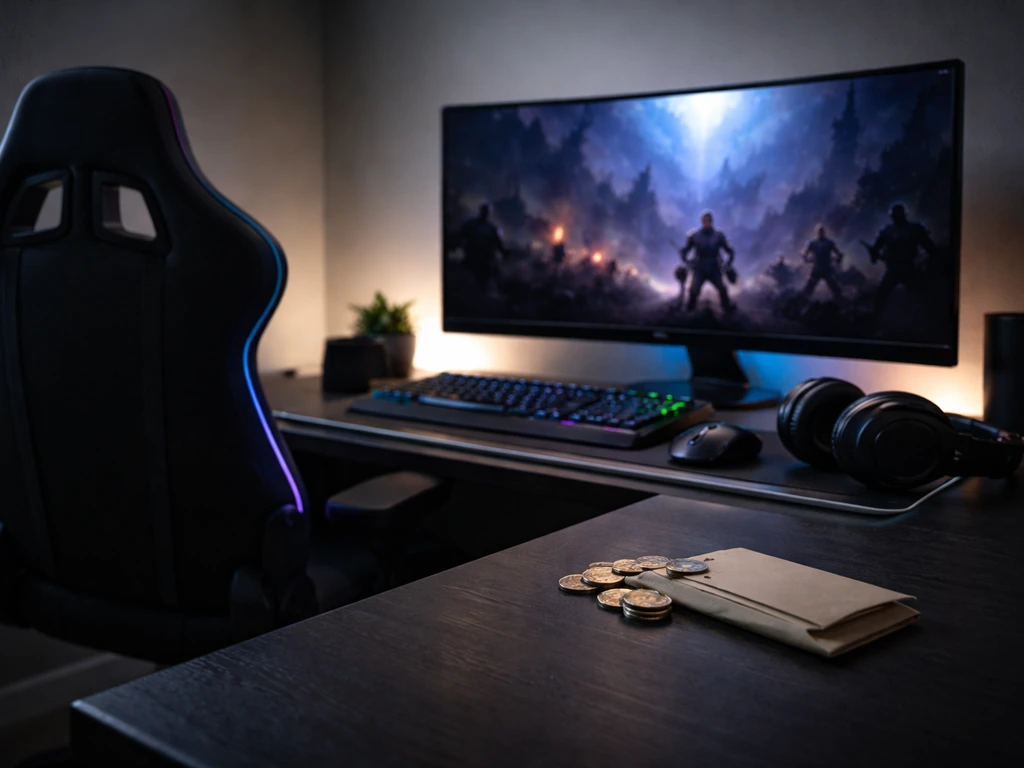 Minimal gaming desk with headset, curved monitor showing action background, and coins/cash symbolizing income.