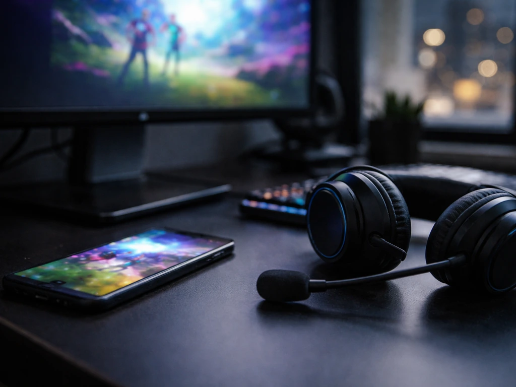 Minimal gaming content workspace with a headset and smartphone in soft natural light