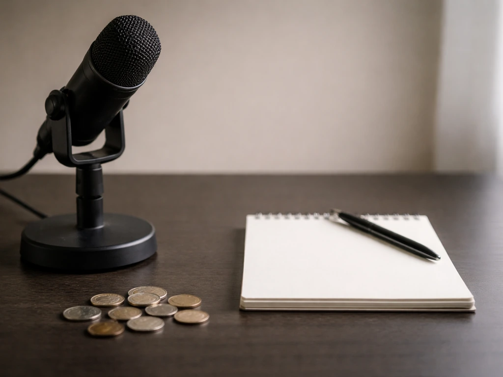 Minimal photo of a microphone beside a notepad and coins, symbolizing public view data inputs for media estimates.