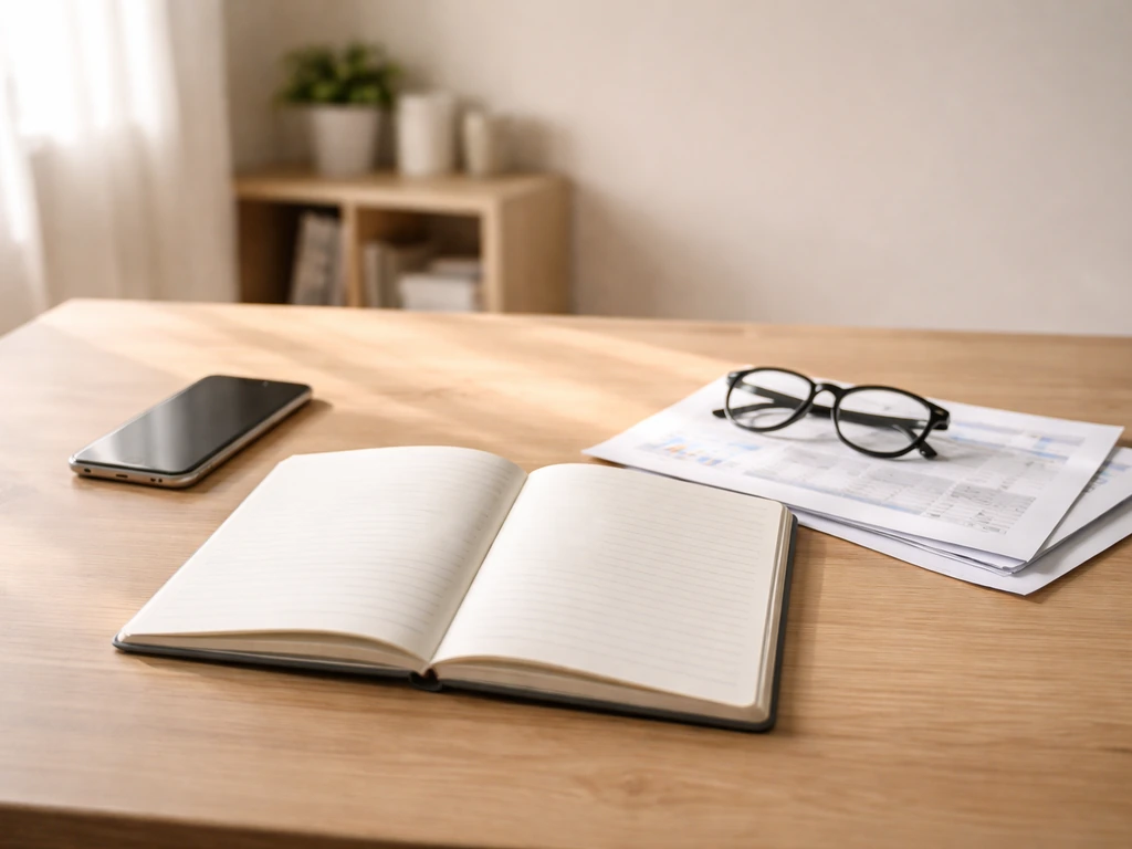 Minimal desk scene with documents and phone, conveying an audit workflow for verifying a finance estimate.