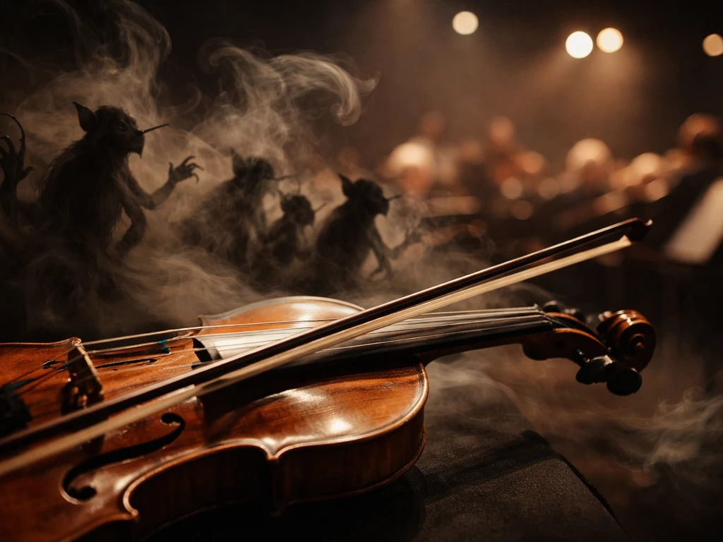 Violin in a dim concert hall with shadowy goblin-like silhouettes and blurred orchestra strings in the background.