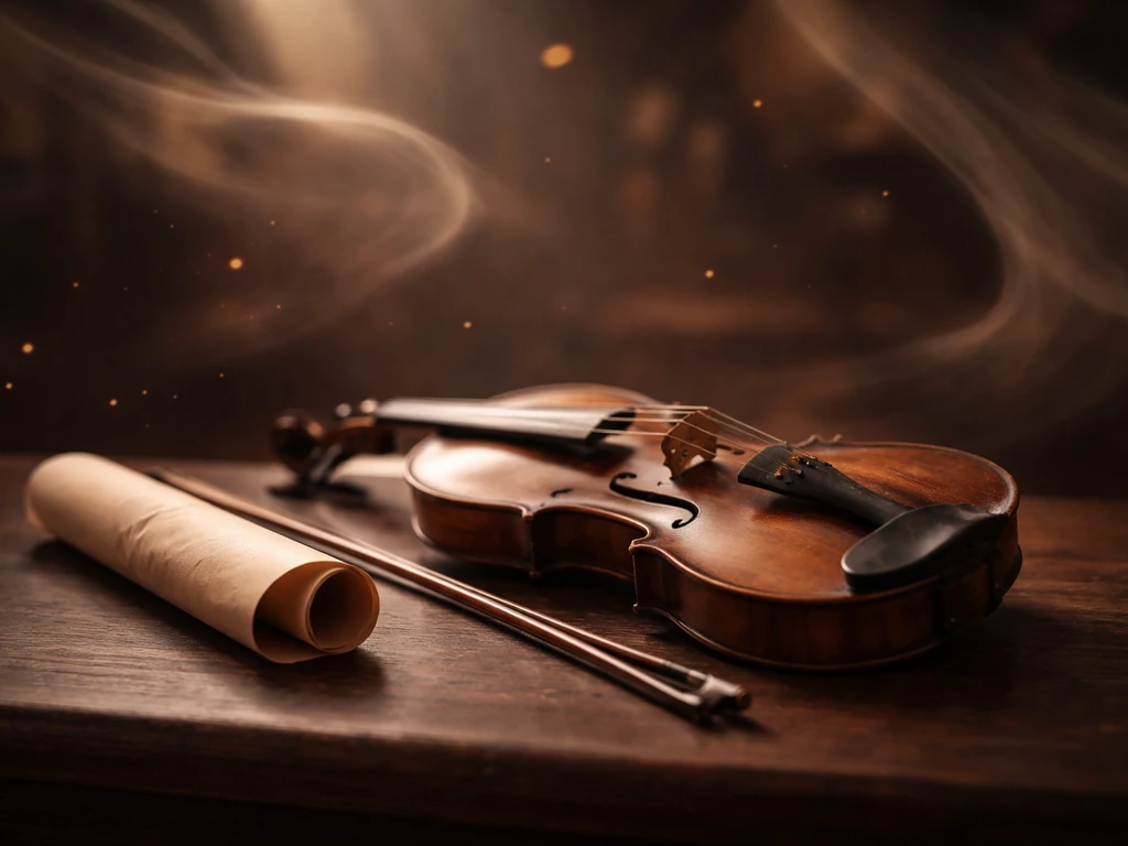 Minimal photo of violin and sheet-music scroll with soft gold lighting, symbolizing Bazzini’s “La Ronde des Lutins.”