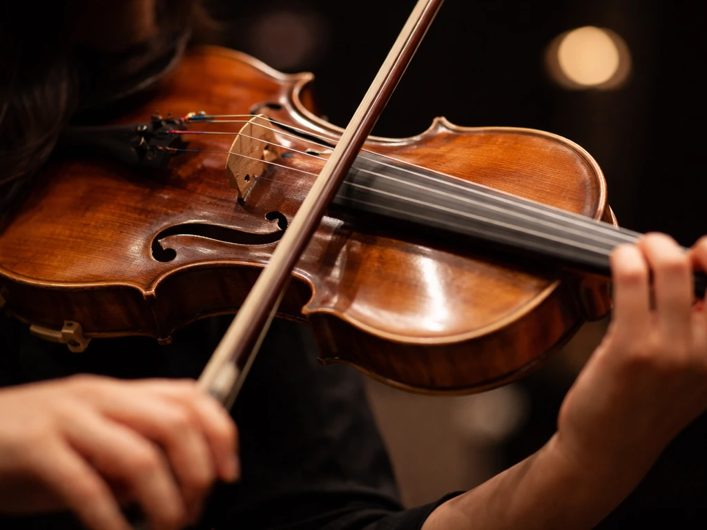 Close-up of a violin and bow in soft concert lighting, symbolic of a classical performer’s rising career