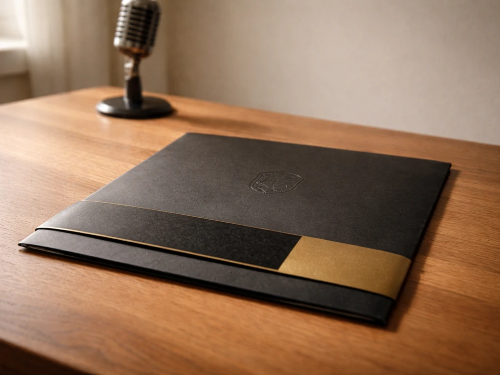 Vinyl record sleeve and label on a wooden desk with a vintage microphone blurred in the background.