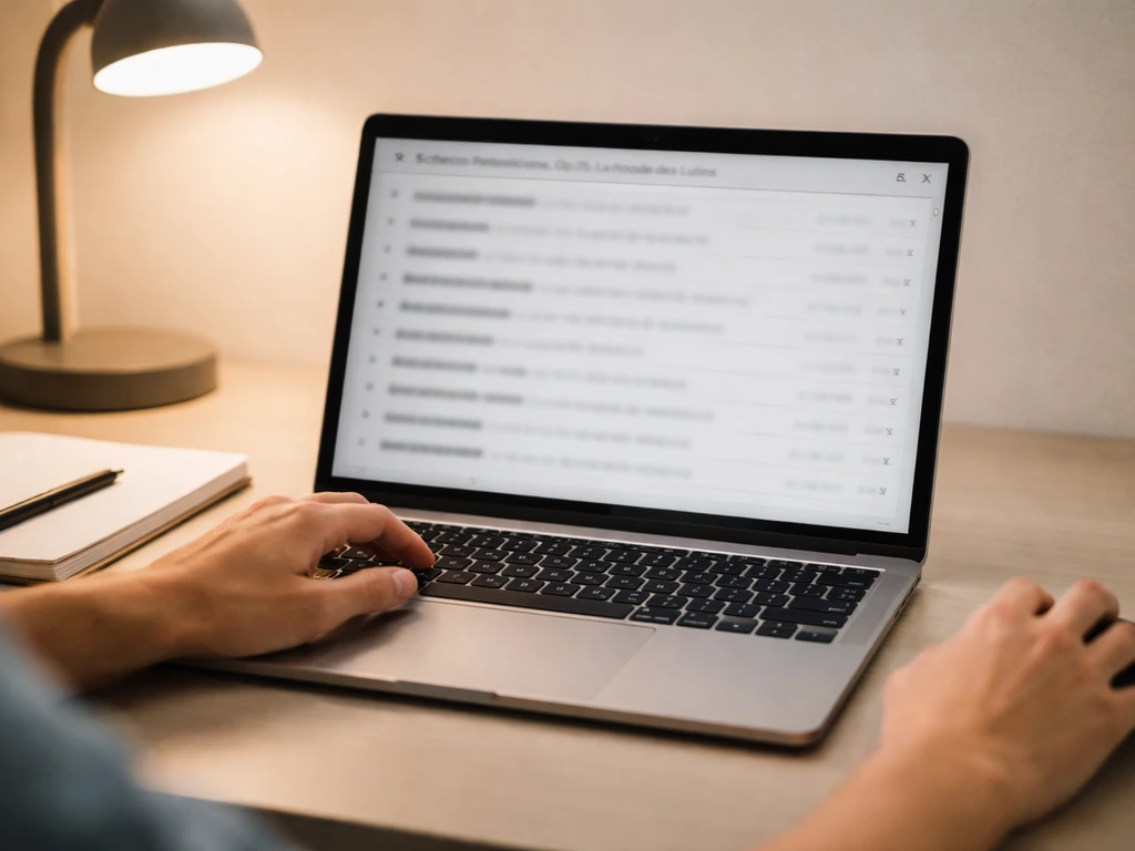Hands using a laptop showing generic music search results for a classical piece.