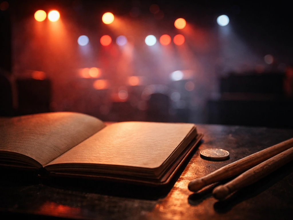 Rock stage lights reflected on an open ledger with coins and drumsticks, symbolizing estimating a band’s net worth.