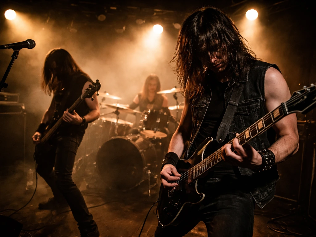 Anonymous heavy-metal band performing on a dimly lit club stage with amber lights and light fog.