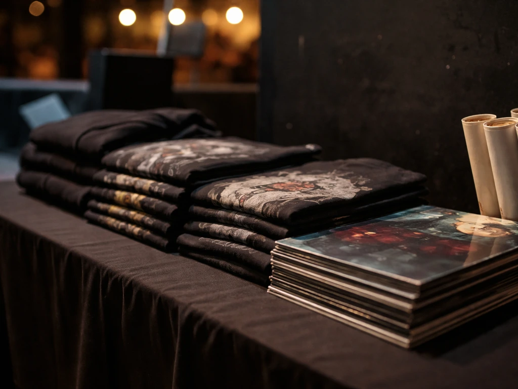 Close-up of band merch table with folded shirts, hoodies, and vinyl records at a live venue