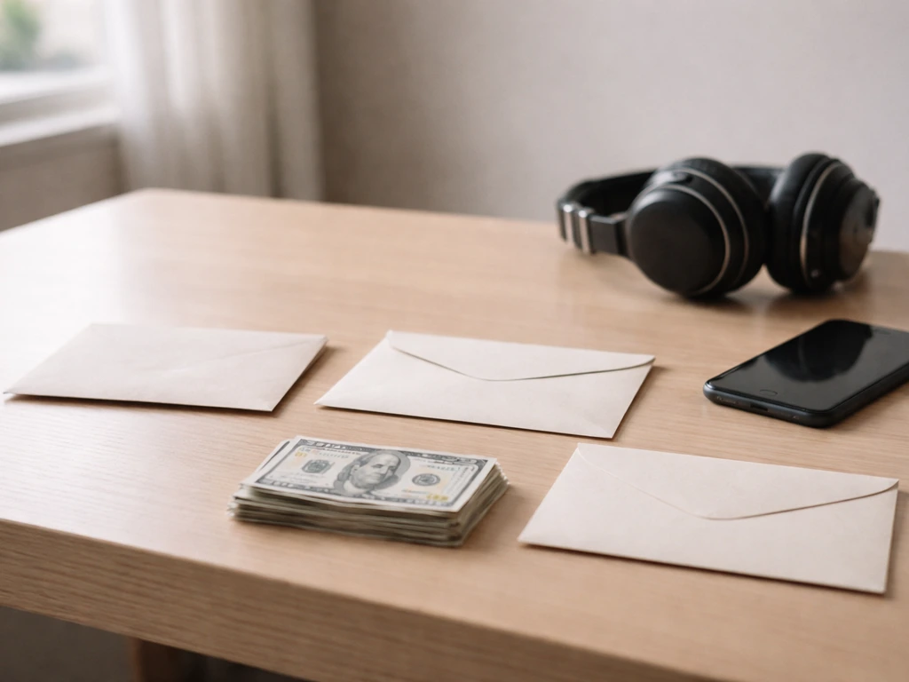 Minimal studio desk with envelopes and cash, suggesting revenue split before reaching band members