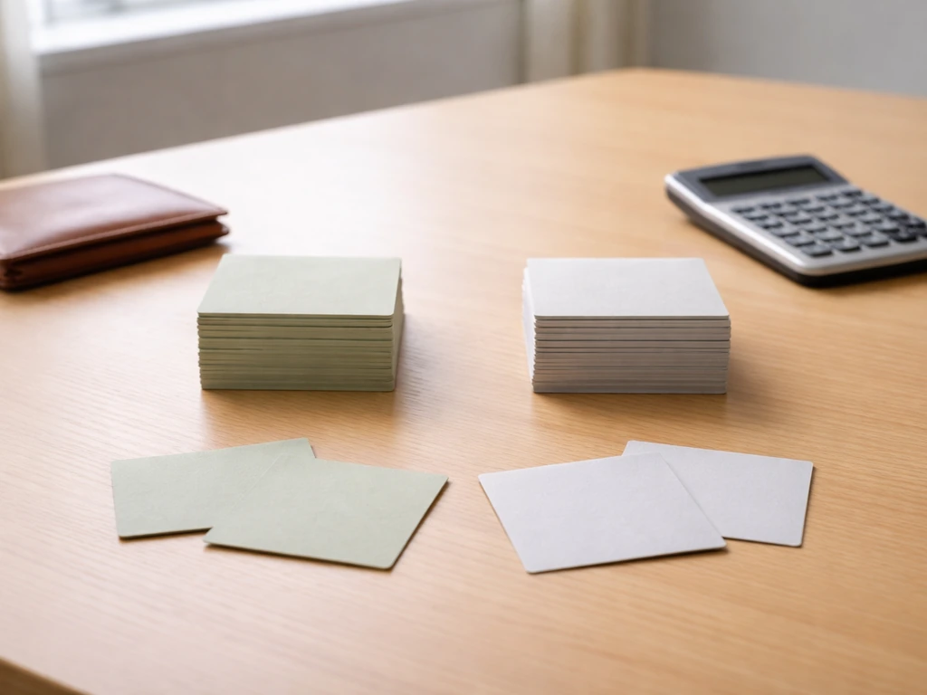 Minimal desk photo showing two stacks of cards symbolizing assets minus liabilities for net worth.