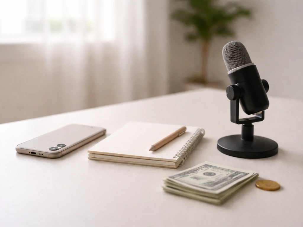 Minimal studio desk with a smartphone, microphone, and money-themed props symbolizing creator income streams.