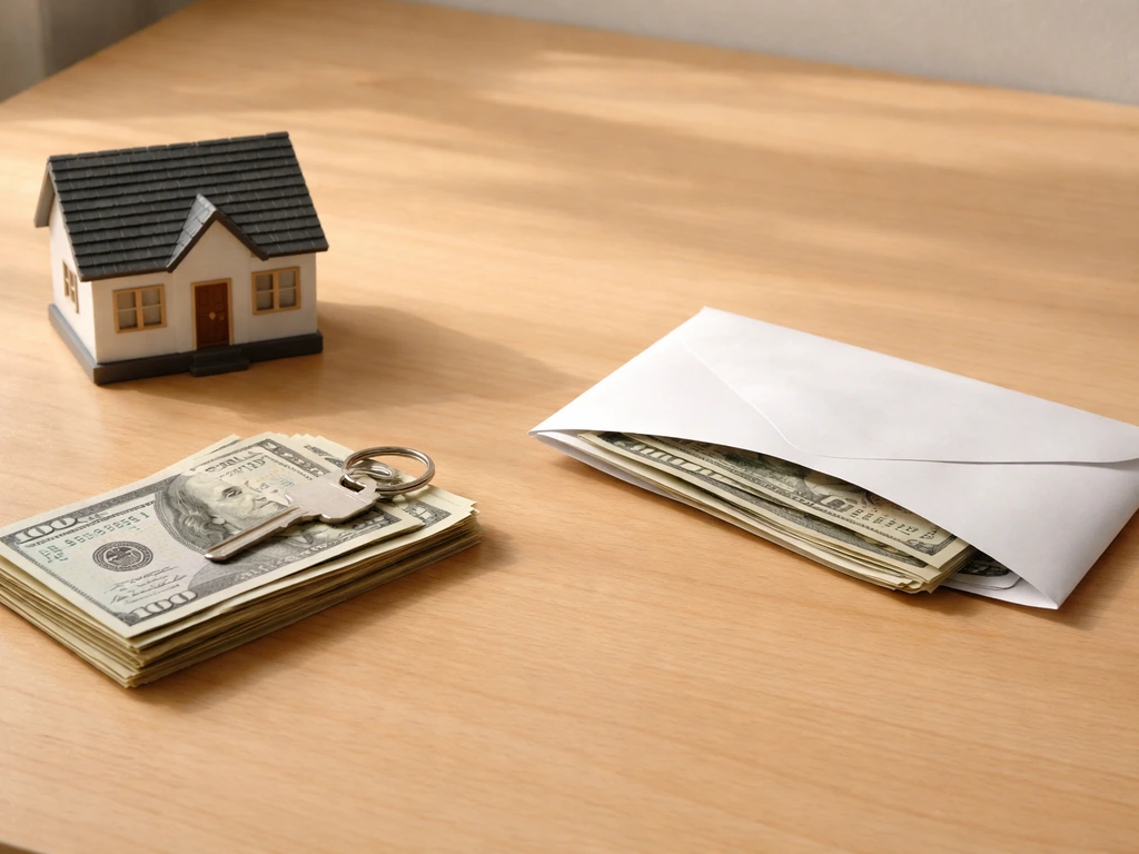 Minimal desk scene showing a small house model and cash beside a closed envelope labeled bills