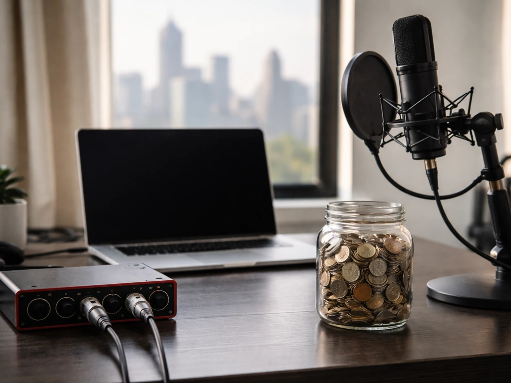 Minimal photo of a music studio desk with a laptop, audio gear, and money-like props suggesting royalty channels.