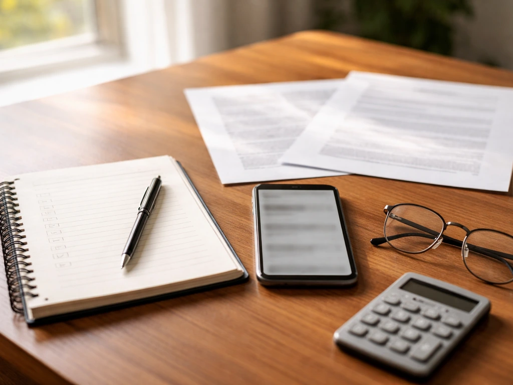 Minimal desk scene with notebook, blurred documents, phone, and calculator suggesting net-worth source triangulation.
