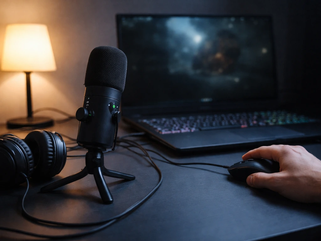 Esports streaming desk with microphone and headphones, hinting at League of Legends gameplay without showing the streame