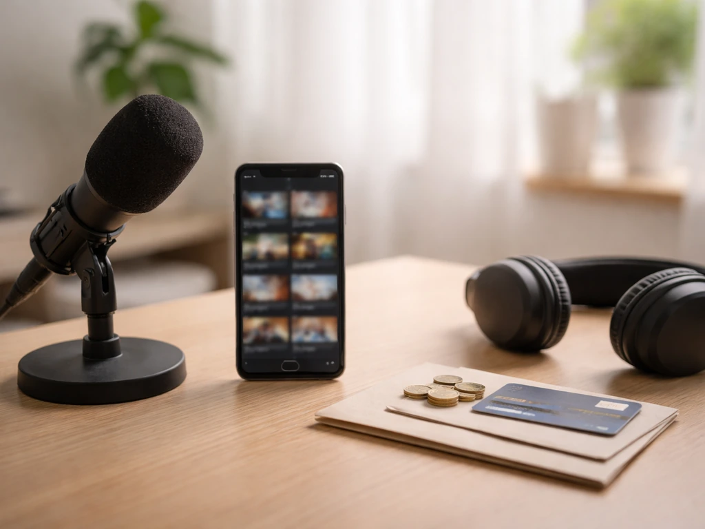 Minimal creator desk with microphone, headphones, and coins/envelope symbolizing income streams