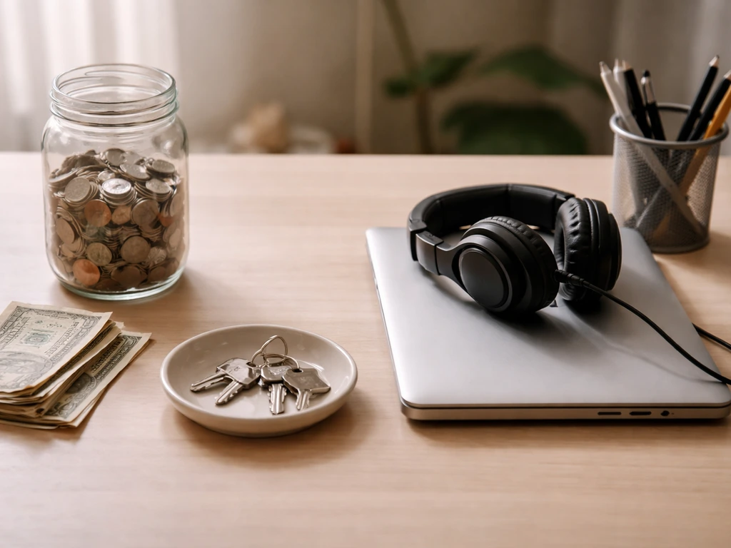 Minimal desk scene with coins and bills beside a laptop and headphones, symbolizing net worth vs income.