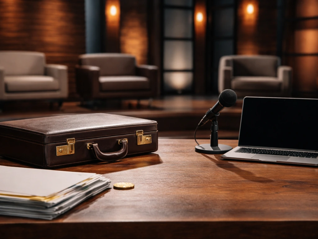 Minimal Dragons’ Den–style studio scene with a pitched business idea and symbolic wealth cues.