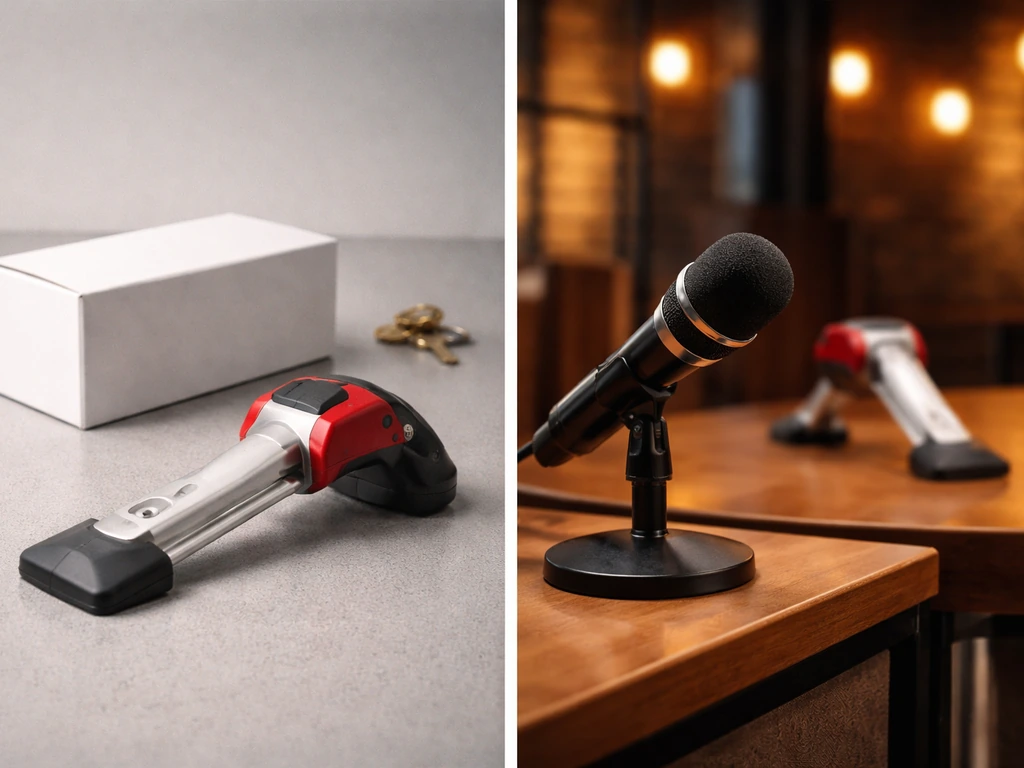 Two-panel photo collage: a generic door jammer on a table and a studio pitch desk with a microphone.